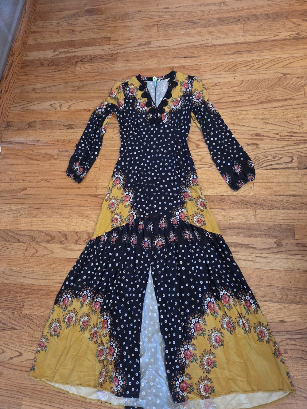 Farm Rio Floral MAXI Boho Floral Patchwork Maxi Dress - Black & Mustard